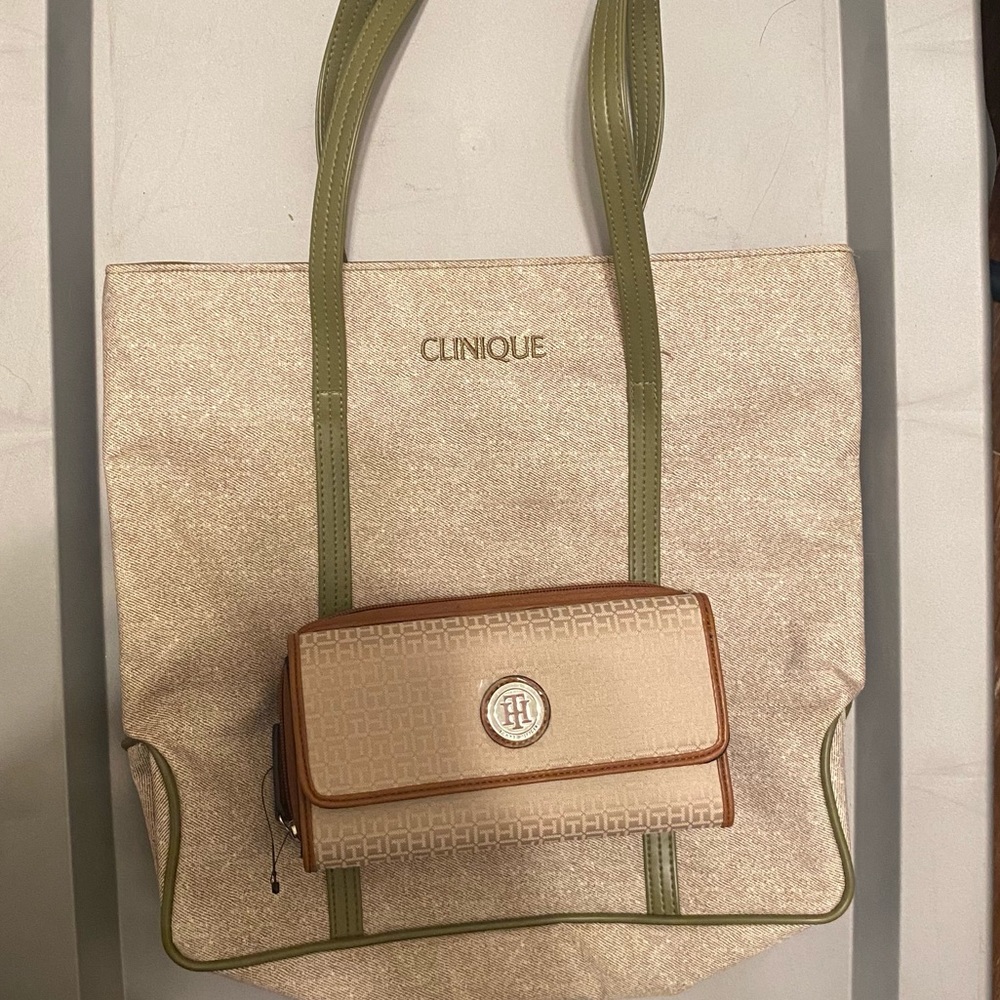 Clinique tote bag and Tommy Hilfiger wallet